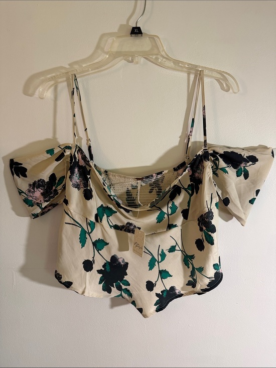 Free People Tops - FREE PEOPLE Floral Off-Shoulder Crop Top - Cream with Green & Black